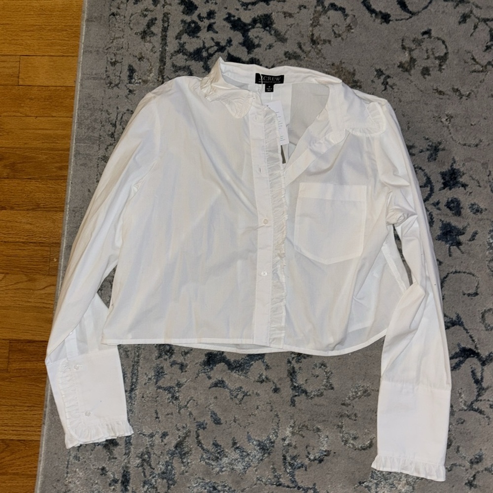 J. Crew Ruffle Trim Poplin Blouse Button Down- White